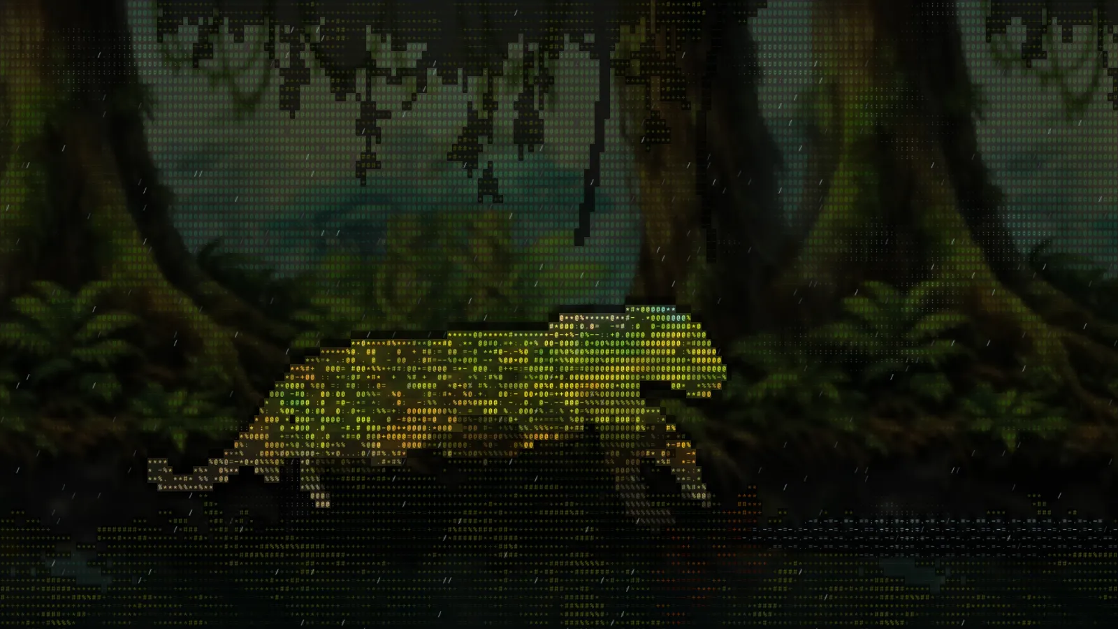Stilstaand beeld: een jaguar van ASCII-tekens in het regenwoud