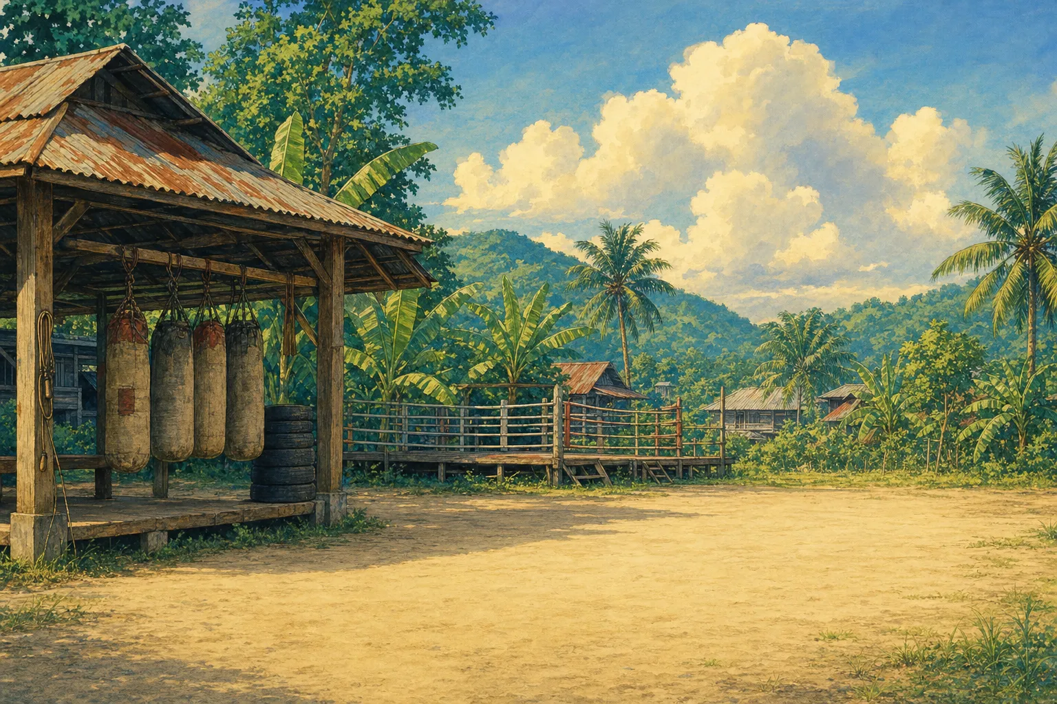 An open-air Muay Thai training camp in a Thai village in the afternoon sun