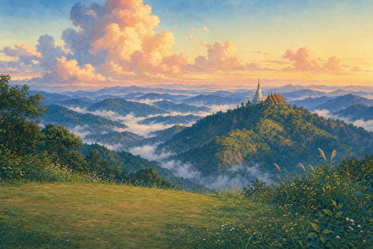 Mountains in northern Thailand at sunrise, mist in the valleys and a temple on a far ridge