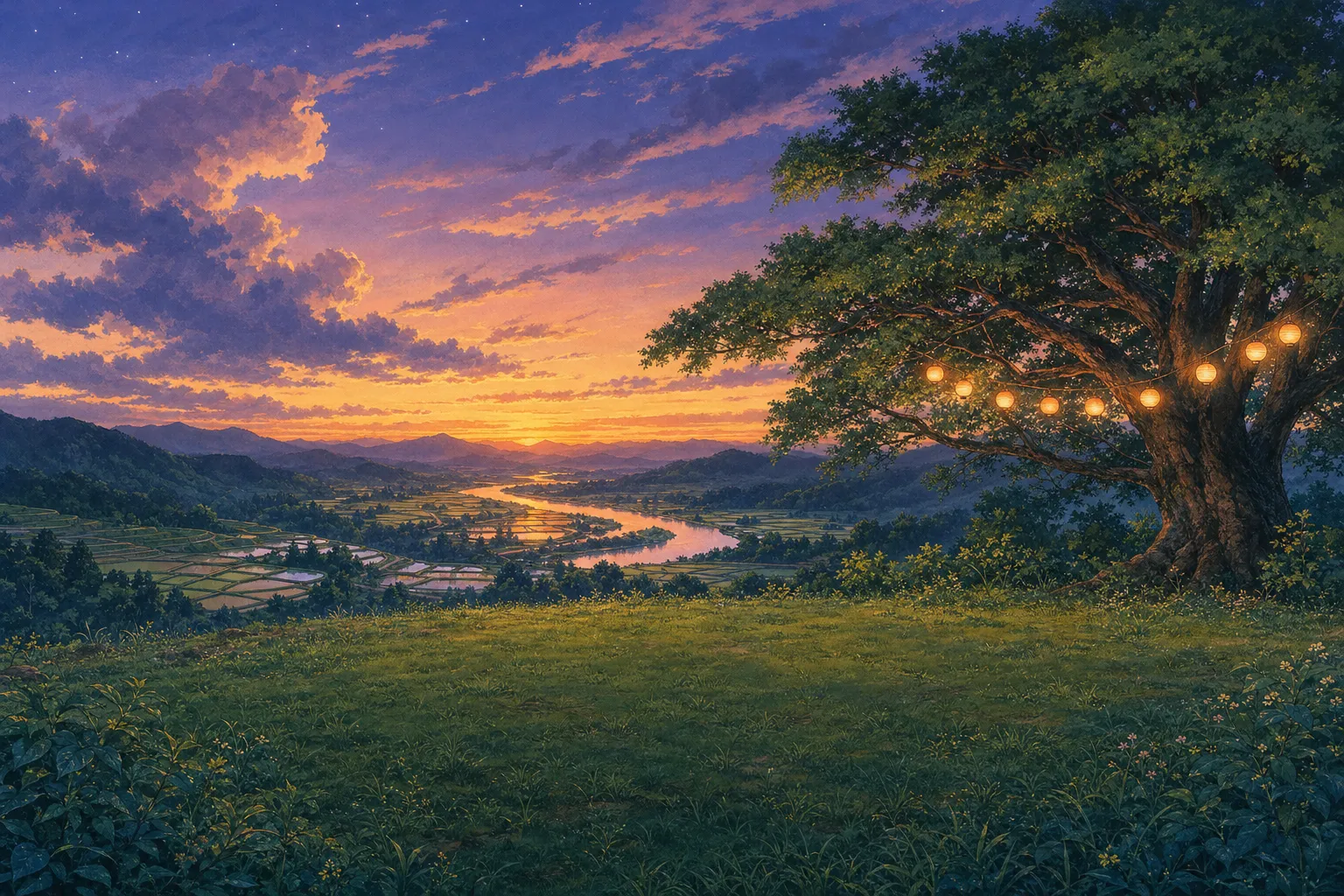 A grassy hill at dusk above rice terraces, with paper lanterns in an old tree