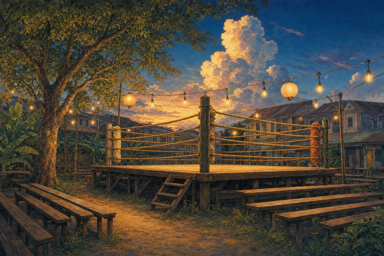 An old open-air boxing ring under strings of lamps on a warm evening