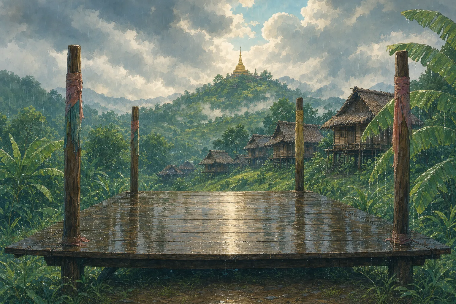 A wooden fighting platform in a Myanmar hill village in the rain, a golden stupa on a misty hill behind