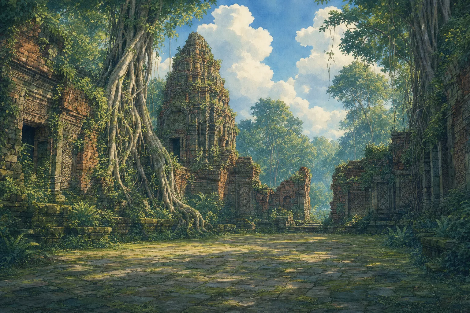 The courtyard of a ruined temple in the forest, with fig roots over the stones and light falling through the canopy