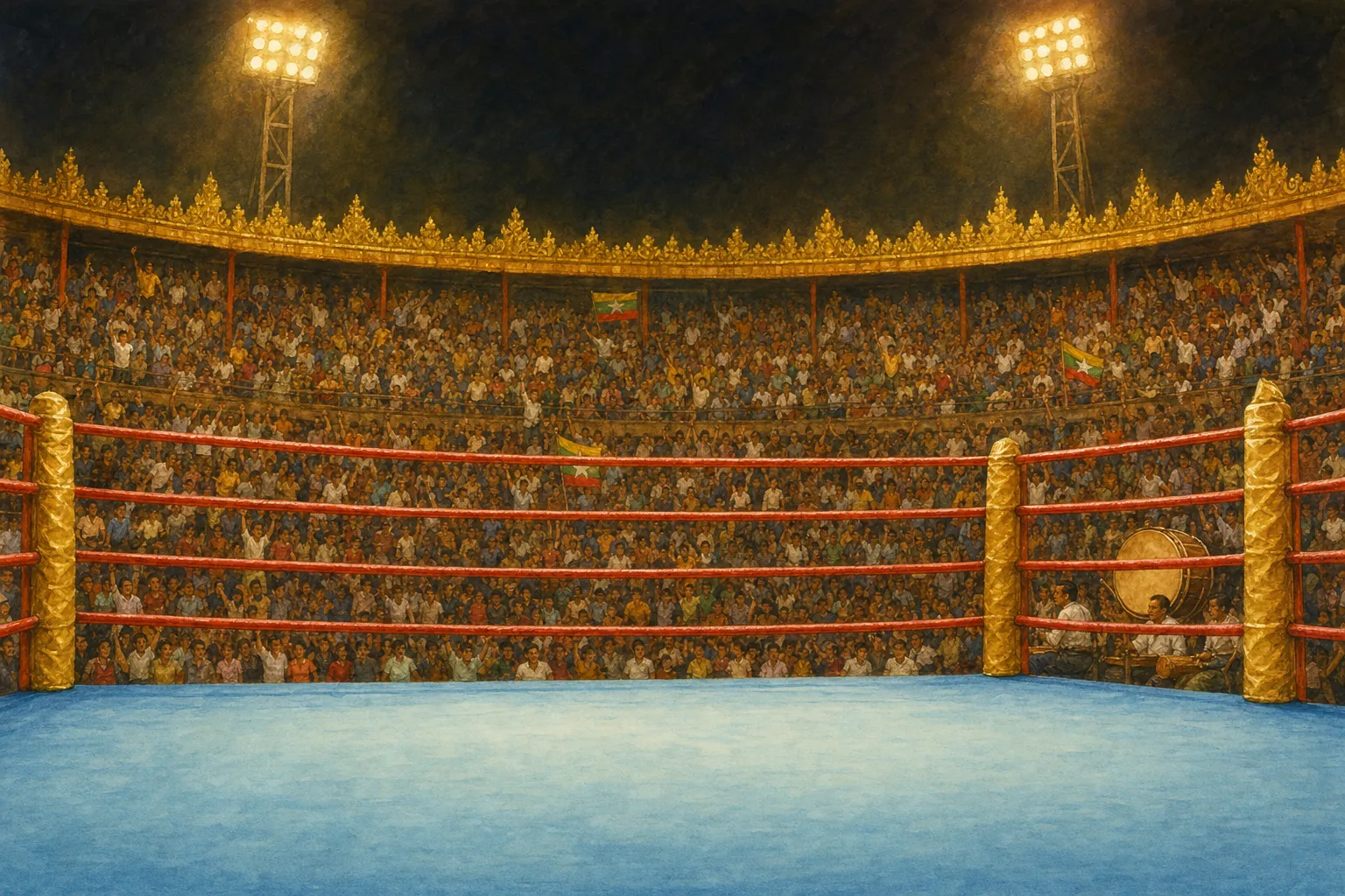 A packed Lethwei stadium at night: a ring with red ropes and gold corner posts under floodlights, full stands behind