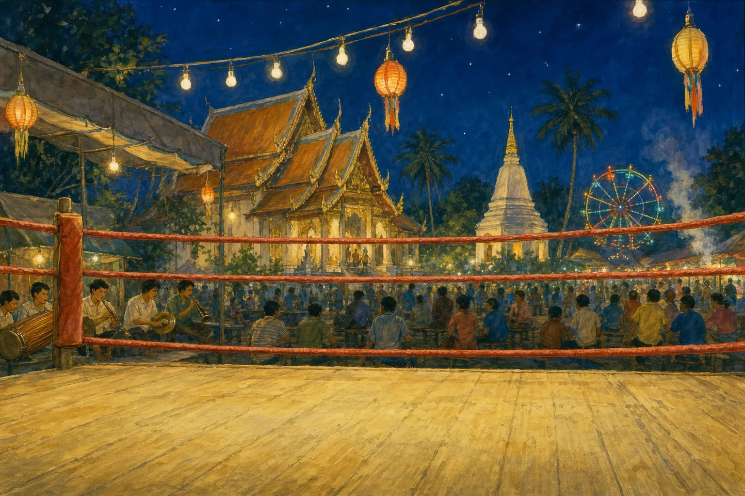 A village temple fair at night: a wooden ring under strings of lights and lanterns, villagers around it, musicians at the side and a lit temple behind