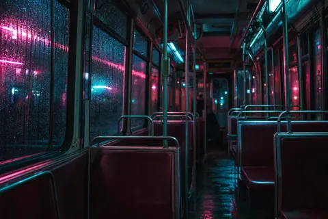 The empty interior of a tram at night, seats washed in pink and teal light from outside.