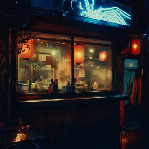 A fogged-up noodle bar window with red lanterns inside and a blue neon sign above.