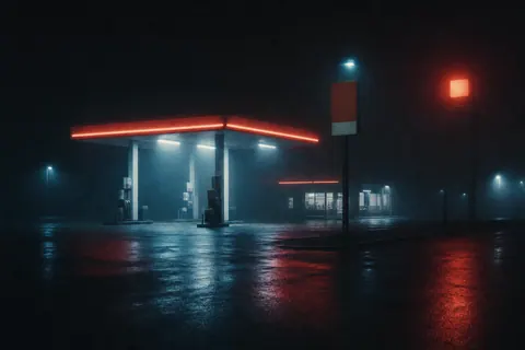 An empty gas station glowing under its canopy lights in thick night fog.