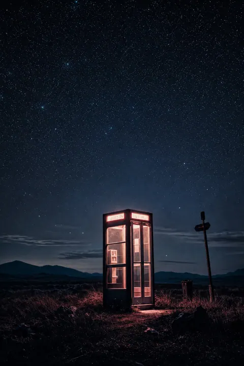 An old illuminated phone booth alone in a dark field under a starry sky.