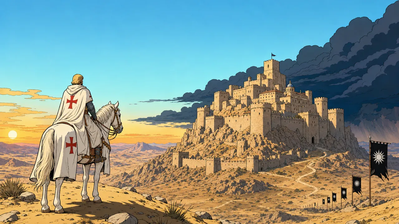 Outremer: a knight in a white surcoat with a red cross looks out over a desert citadel at sunset